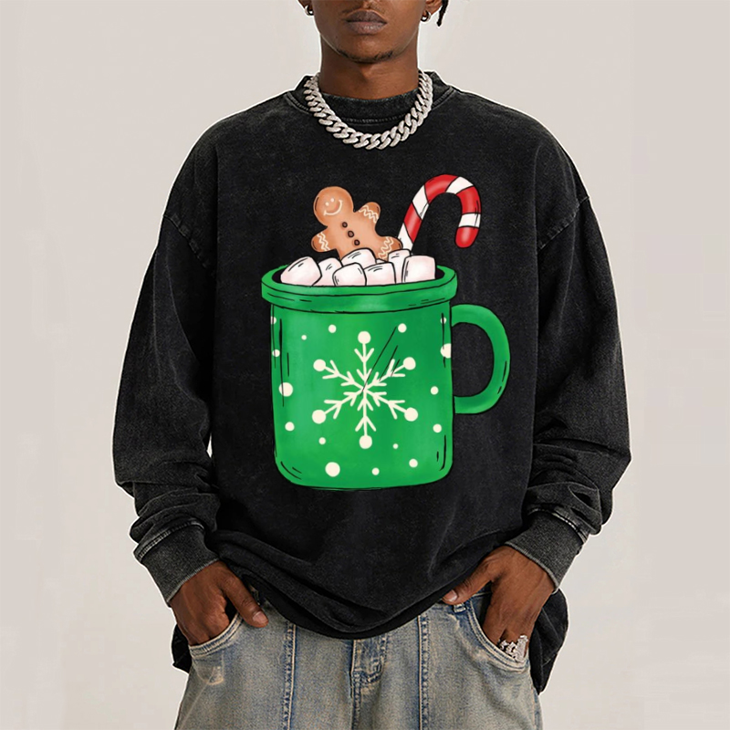 Muchic Gingerbread Coffee Unisex Casual Washed Printed Round Neck Long Sleeve T-shirt