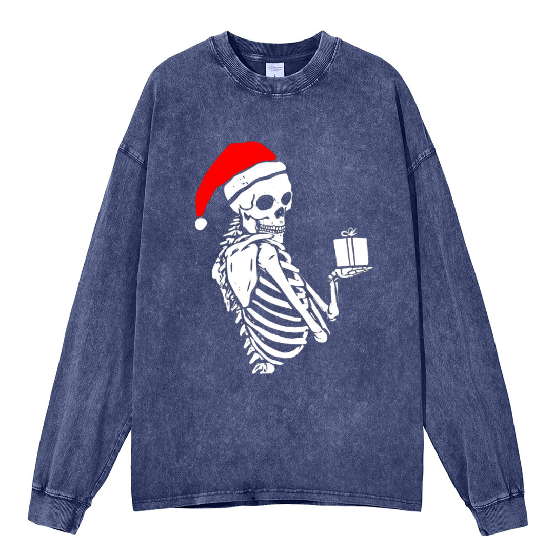 Muchic Christmas Skeleton Unisex Casual Washed Printed Round Neck Long Sleeve T-shirt