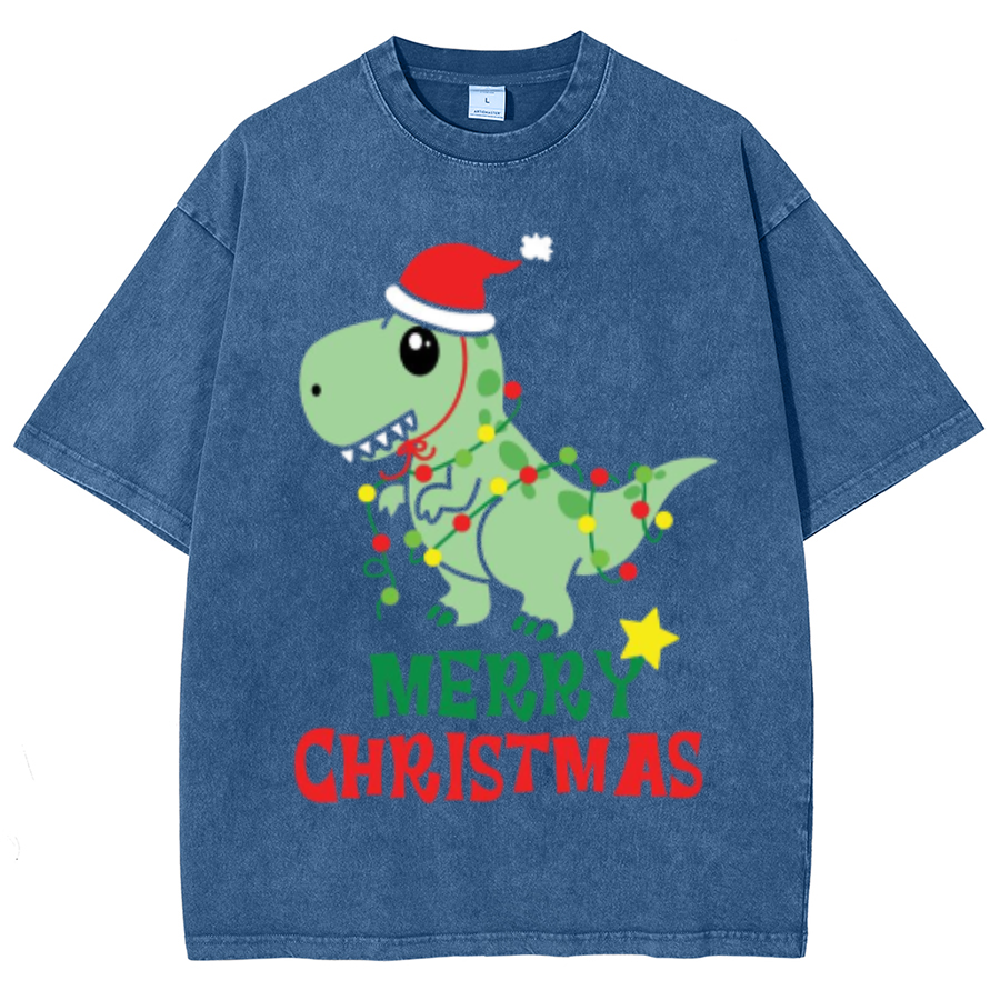 Muchic Merry Christmas Unisex Oversized Print Vintage Wash Denim T-Shirt