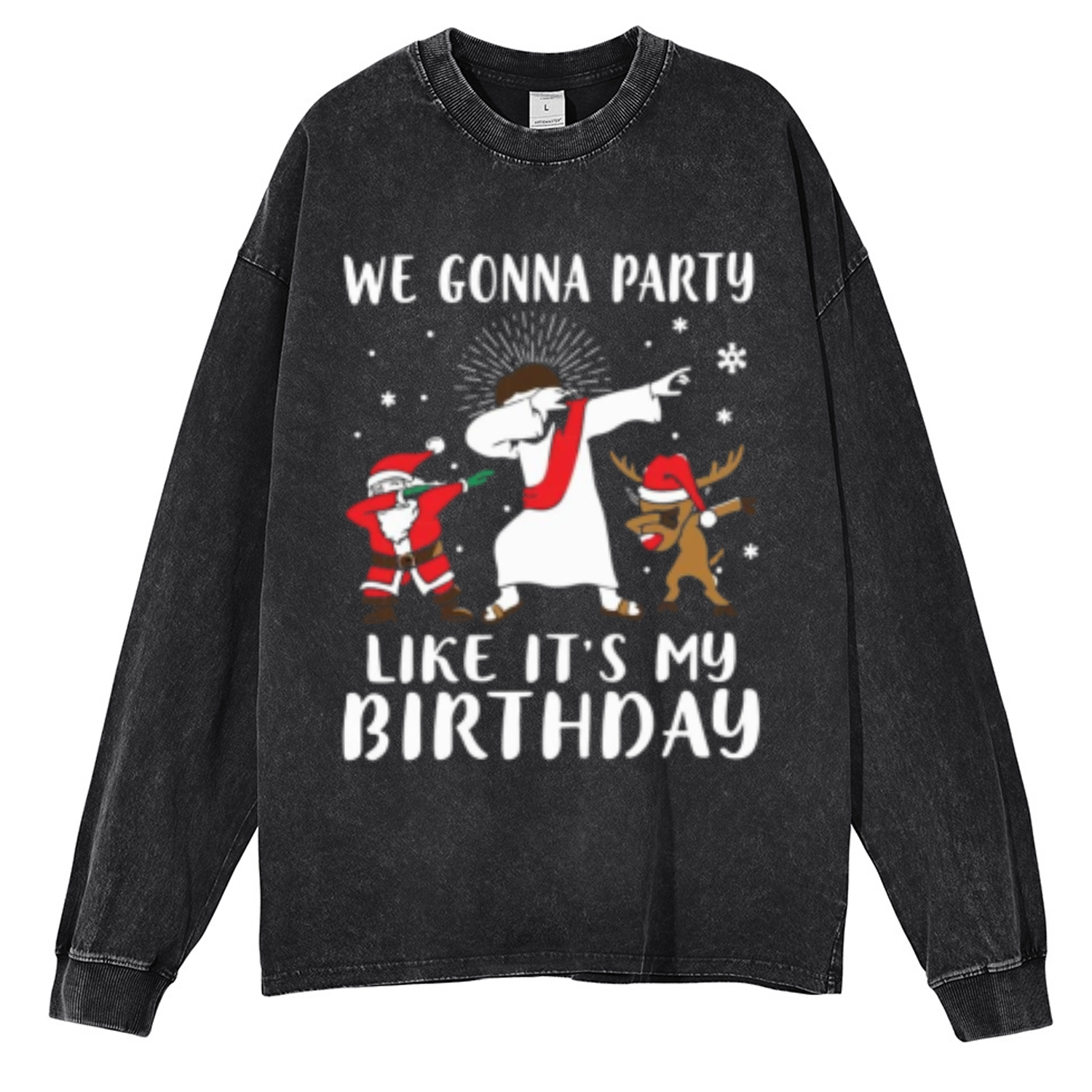 Muchic We Gonna Party Unisex Casual Washed Printed Round Neck Long Sleeve T-shirt