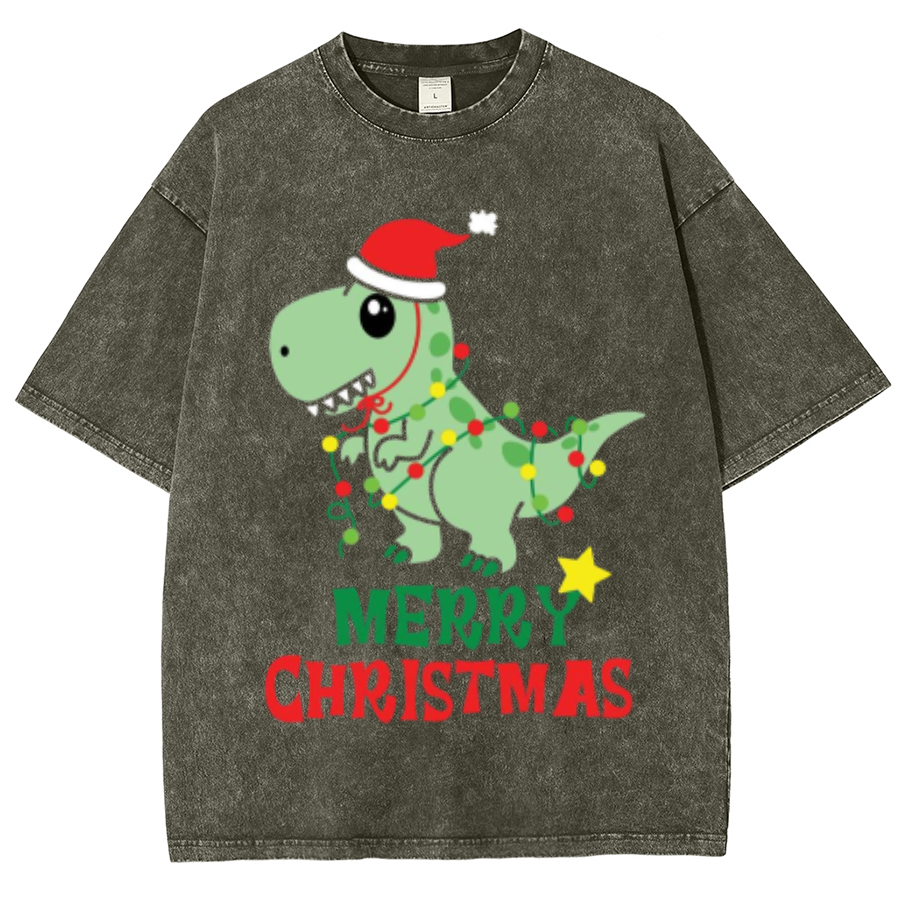 Muchic Merry Christmas Unisex Oversized Print Vintage Wash Denim T-Shirt