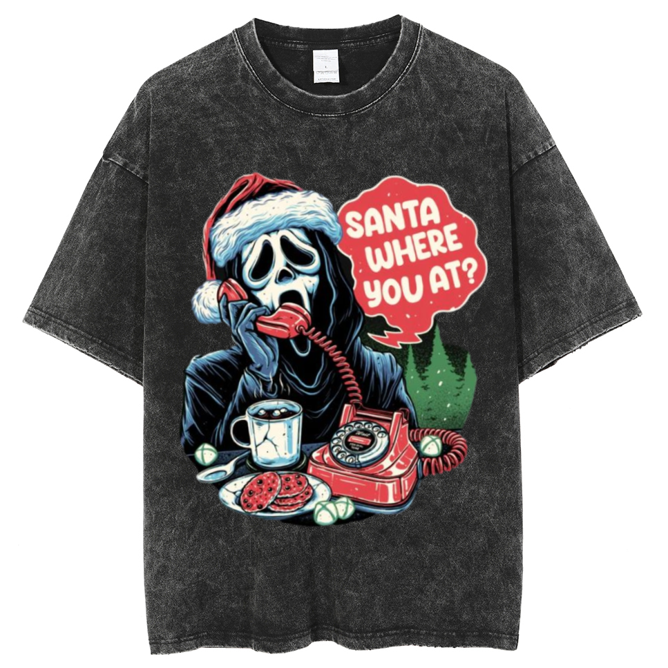 Muchic Santa Where You At Unisex Printed Retro Washed Short Sleeved T-Shirt