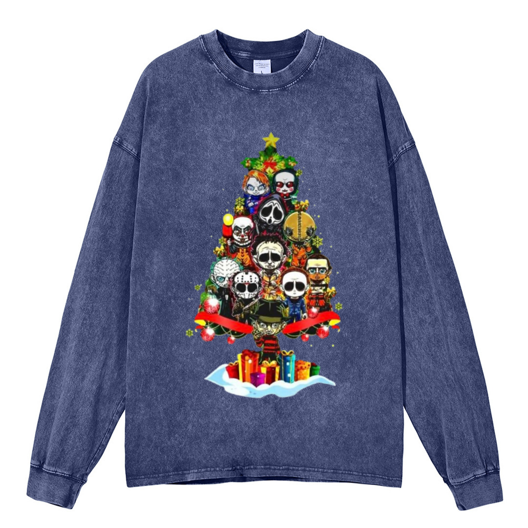 Muchic Ghost Christmas Unisex Casual Washed Printed Round Neck Long Sleeve T-shirt