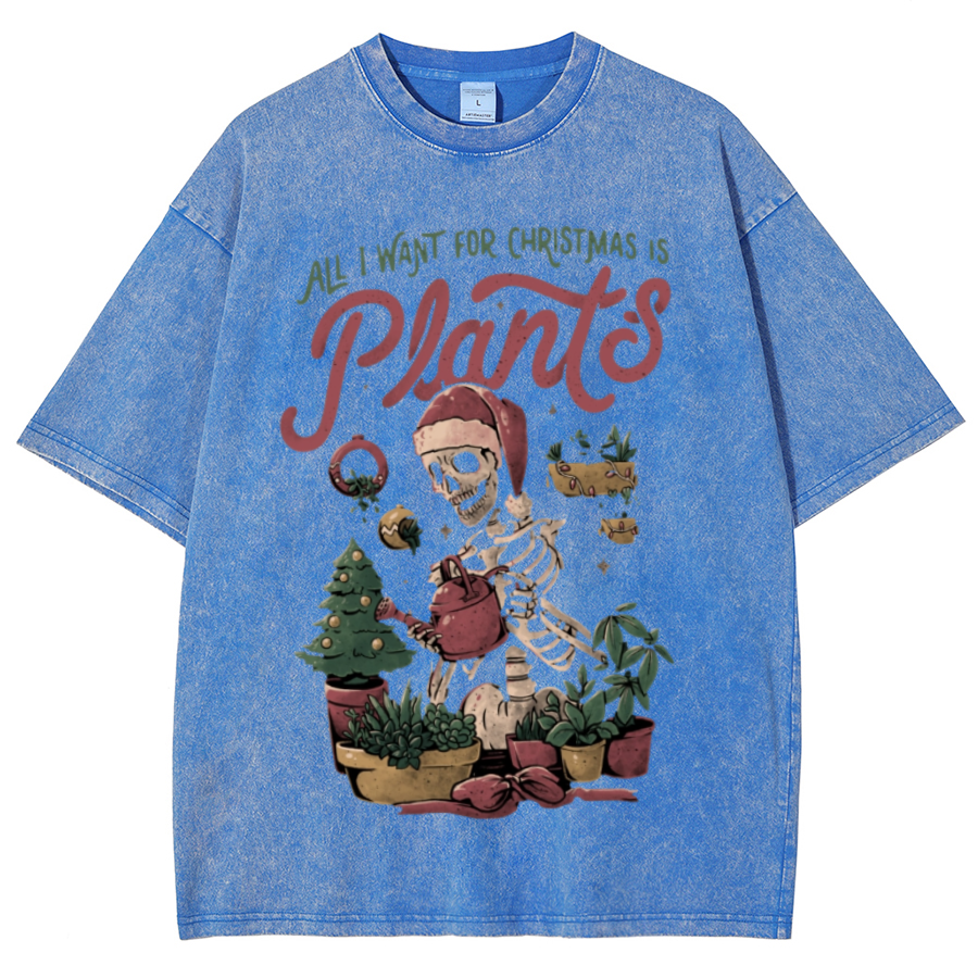 Muchic Christmas Plants Unisex Oversized Print Vintage Wash Denim T-Shirt