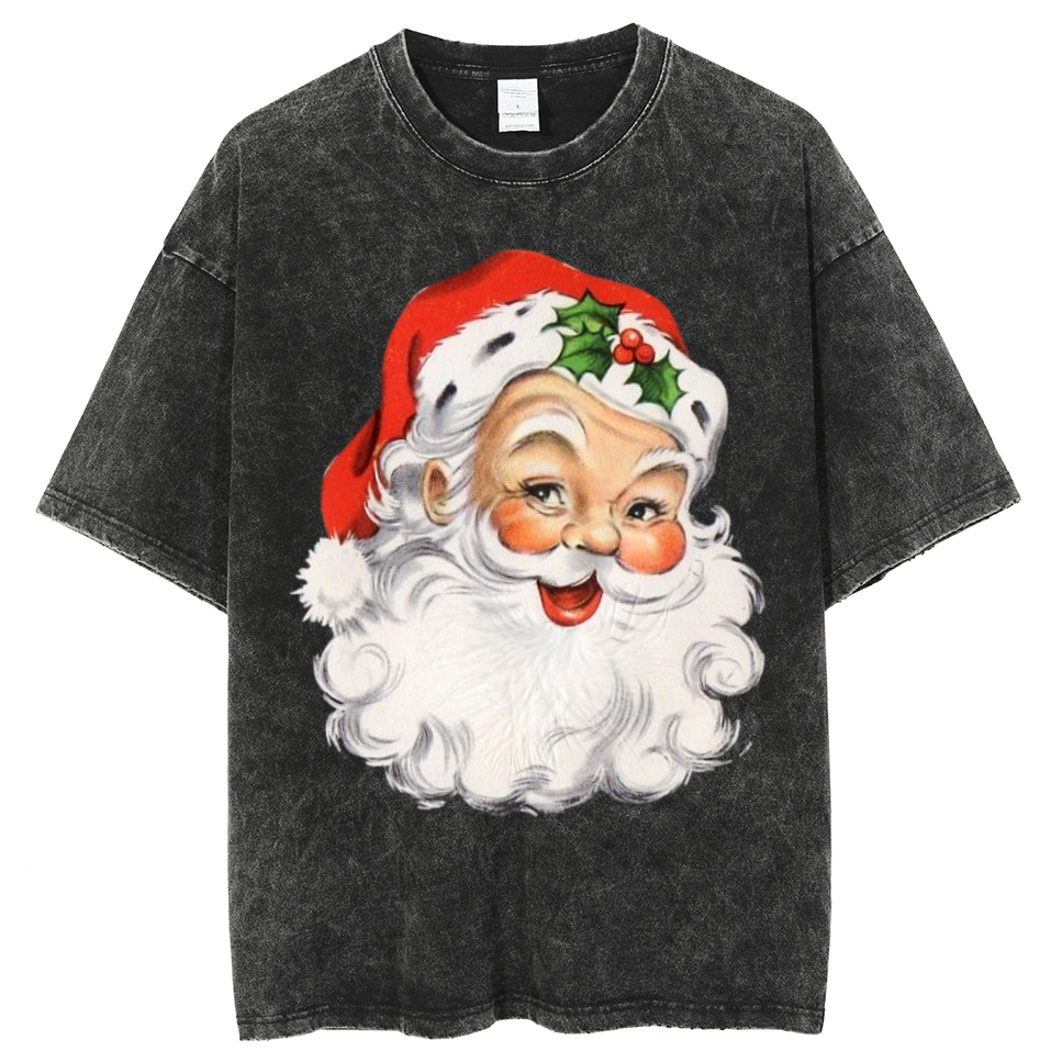 Muchic Santa Claus Unisex Printed Retro Washed Short Sleeved T-Shirt