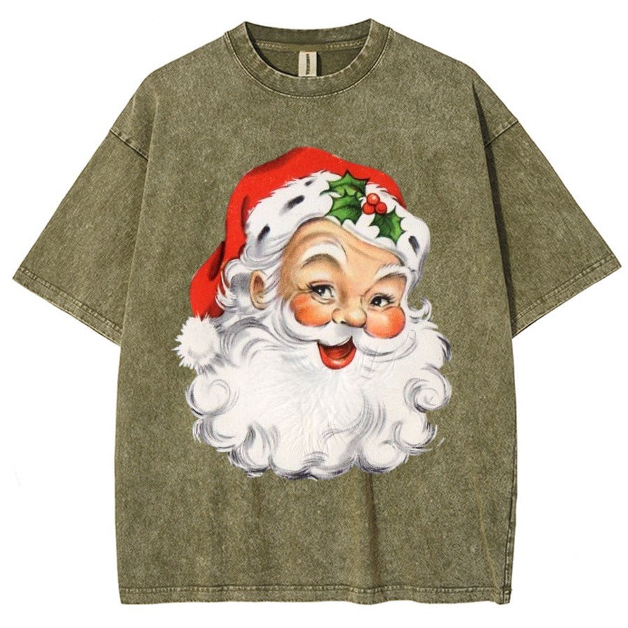 Muchic Santa Claus Unisex Printed Retro Washed Short Sleeved T-Shirt