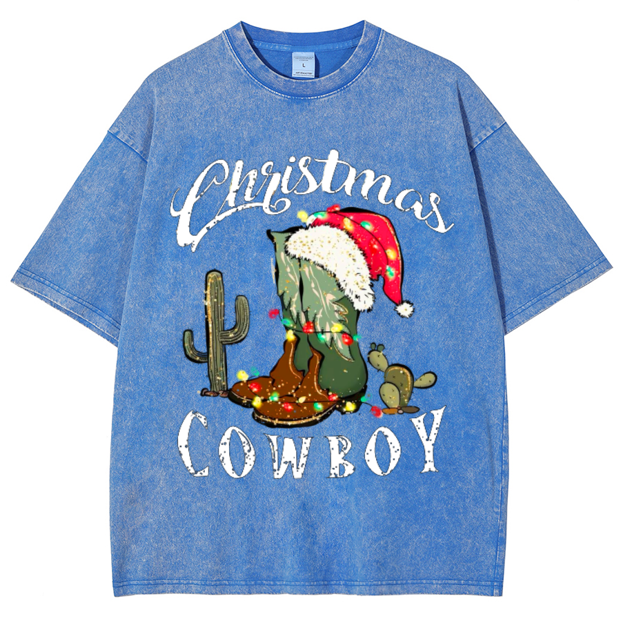 Muchic Christmas Cowboy Unisex Oversized Print Vintage Wash Denim T-Shirt