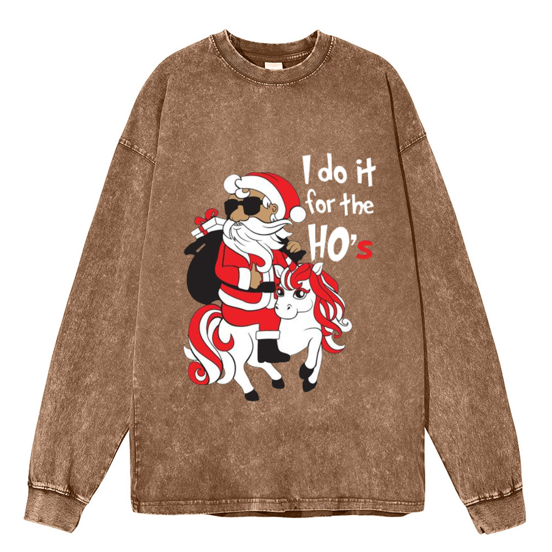 Muchic Unisex Casual Washed I Do It For The Ho's Christmas Santa Printed Round Neck Long Sleeve T-shirt