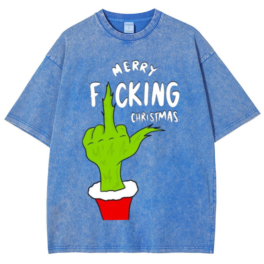 Muchic Merry Fucking Christmas Unisex Oversized Print Vintage Wash Denim T-Shirt