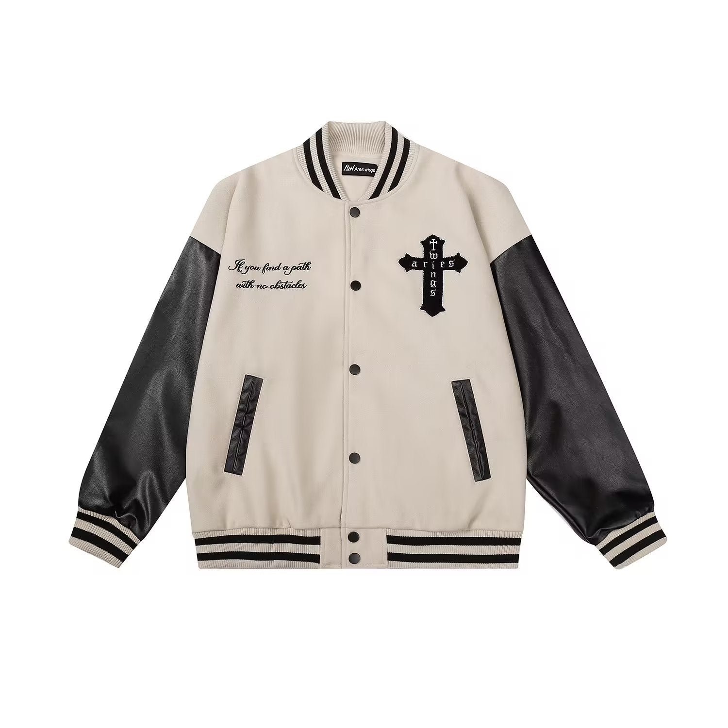 Muchic Cross Leather Patchwork Towel Embroidery Baseball Jacket Coats & Jackets