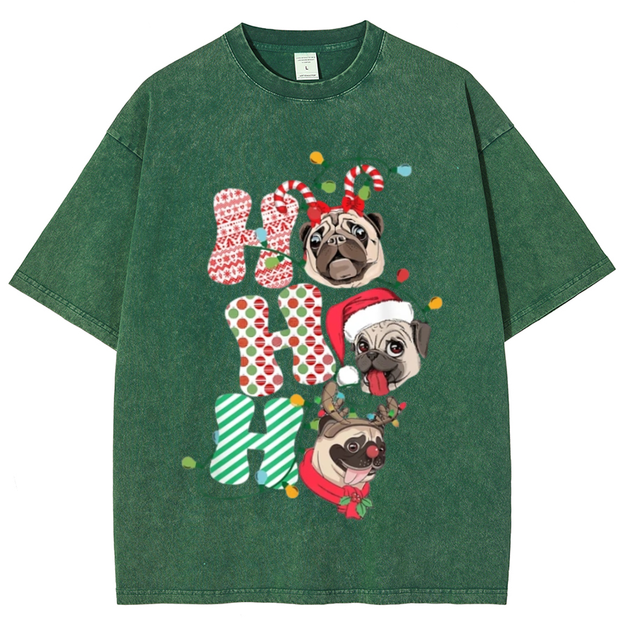 Muchic Pug Christmas Unisex Oversized Print Vintage Wash Denim T-Shirt