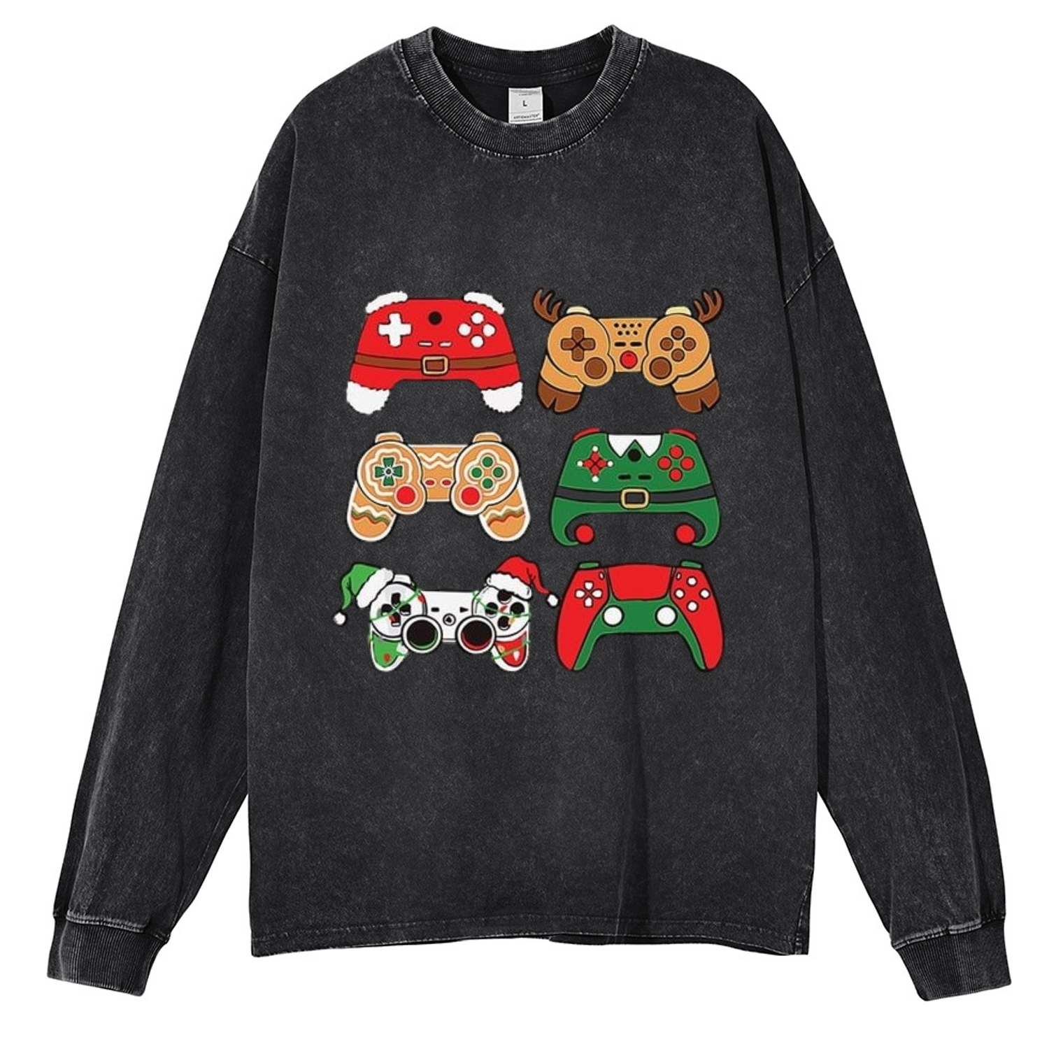 Muchic Game Christmas Unisex Casual Washed Printed Round Neck Long Sleeve T-shirt