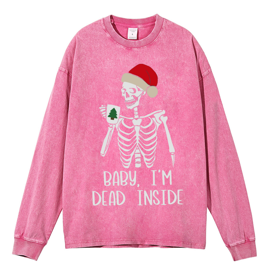 Muchic Dead Inside Unisex Casual Washed Printed Round Neck Long Sleeve T-shirt