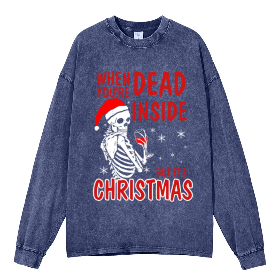 Muchic Its Christmas Unisex Casual Washed Printed Round Neck Long Sleeve T-shirt