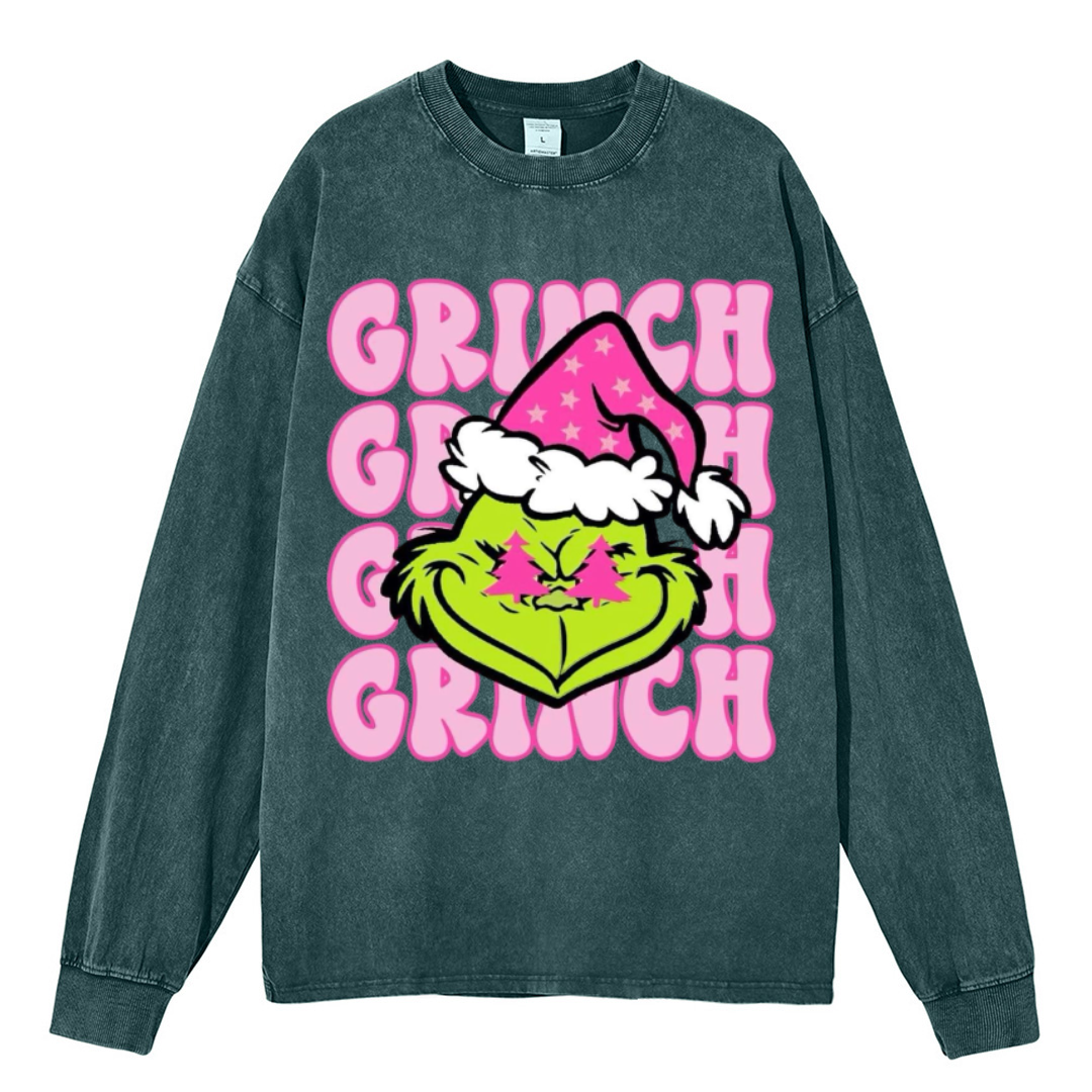 Muchic Grinch Unisex Casual Washed Printed Round Neck Long Sleeve T-shirt