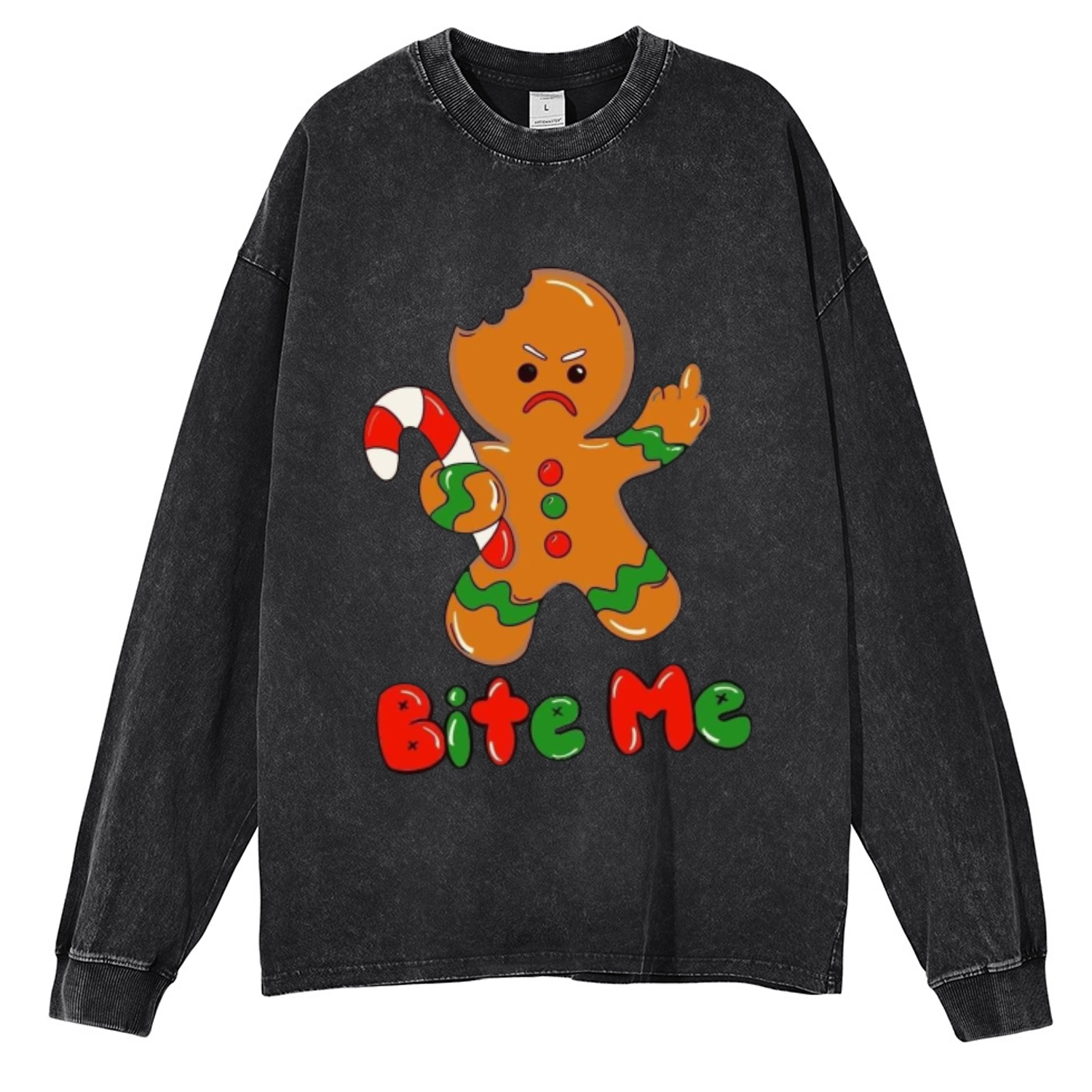 Muchic Bite Me Unisex Casual Washed Printed Round Neck Long Sleeve T-shirt