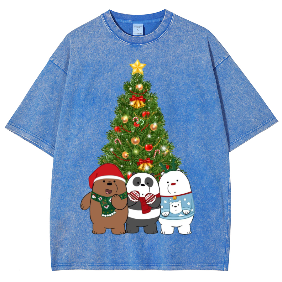 Muchic Bear Christmas Unisex Oversized Print Vintage Wash Denim T-Shirt