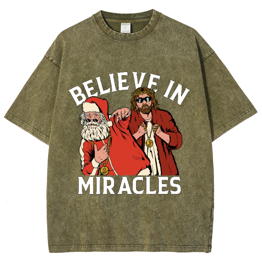 Muchic Believe In Miracles Unisex Oversized Print Vintage Wash Denim T-Shirt