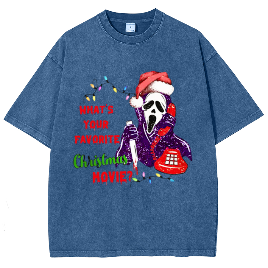 Muchic Christmas Movie Unisex Oversized Print Vintage Wash Denim T-Shirt