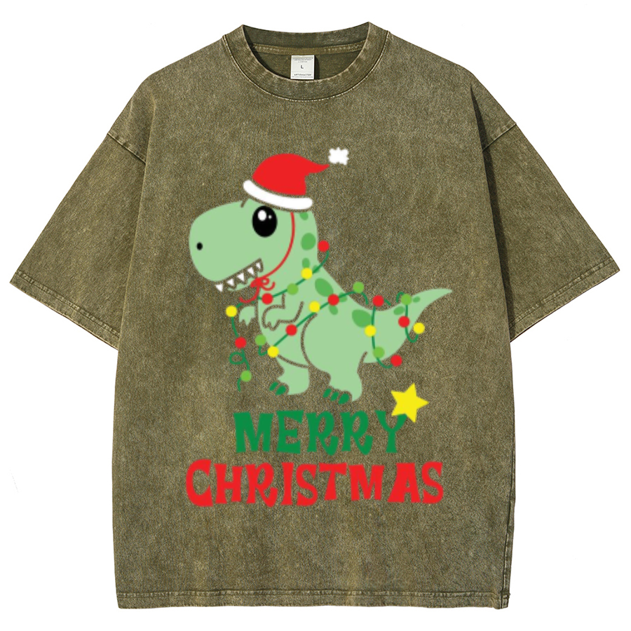 Muchic Merry Christmas Unisex Oversized Print Vintage Wash Denim T-Shirt