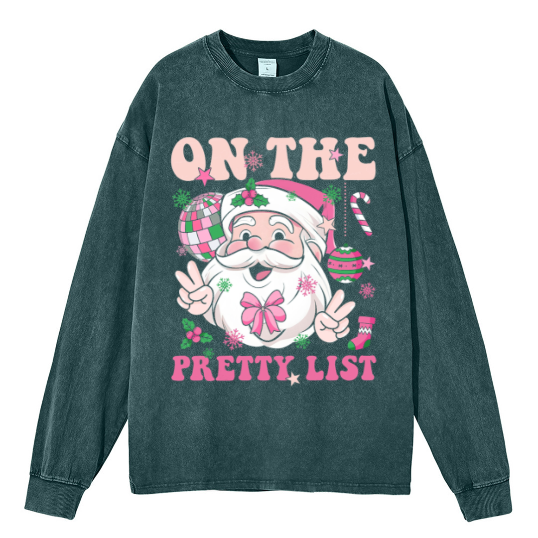 Muchic On The Pretty List Unisex Casual Washed Printed Round Neck Long Sleeve T-shirt