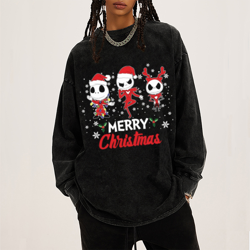 Muchic Merry Christmas Unisex Casual Washed Printed Round Neck Long Sleeve T-shirt