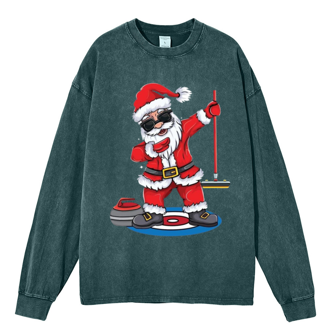 Muchic Santa Claus Unisex Casual Washed Printed Round Neck Long Sleeve T-shirt