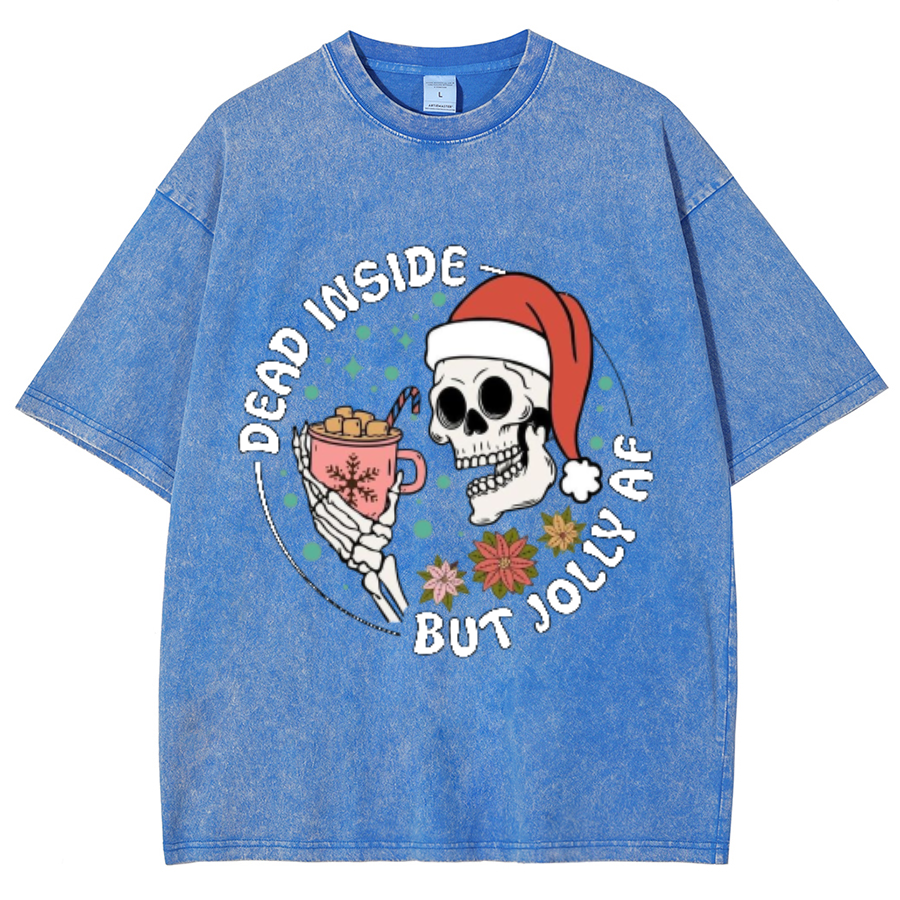 Muchic Dead Inside But Jolly Af Unisex Oversized Print Vintage Wash Denim T-Shirt