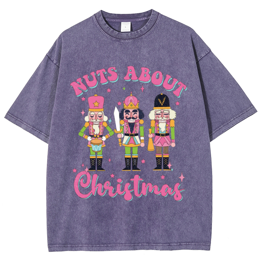 Muchic Nuts About Christmas Unisex Oversized Print Vintage Wash Denim T-Shirt