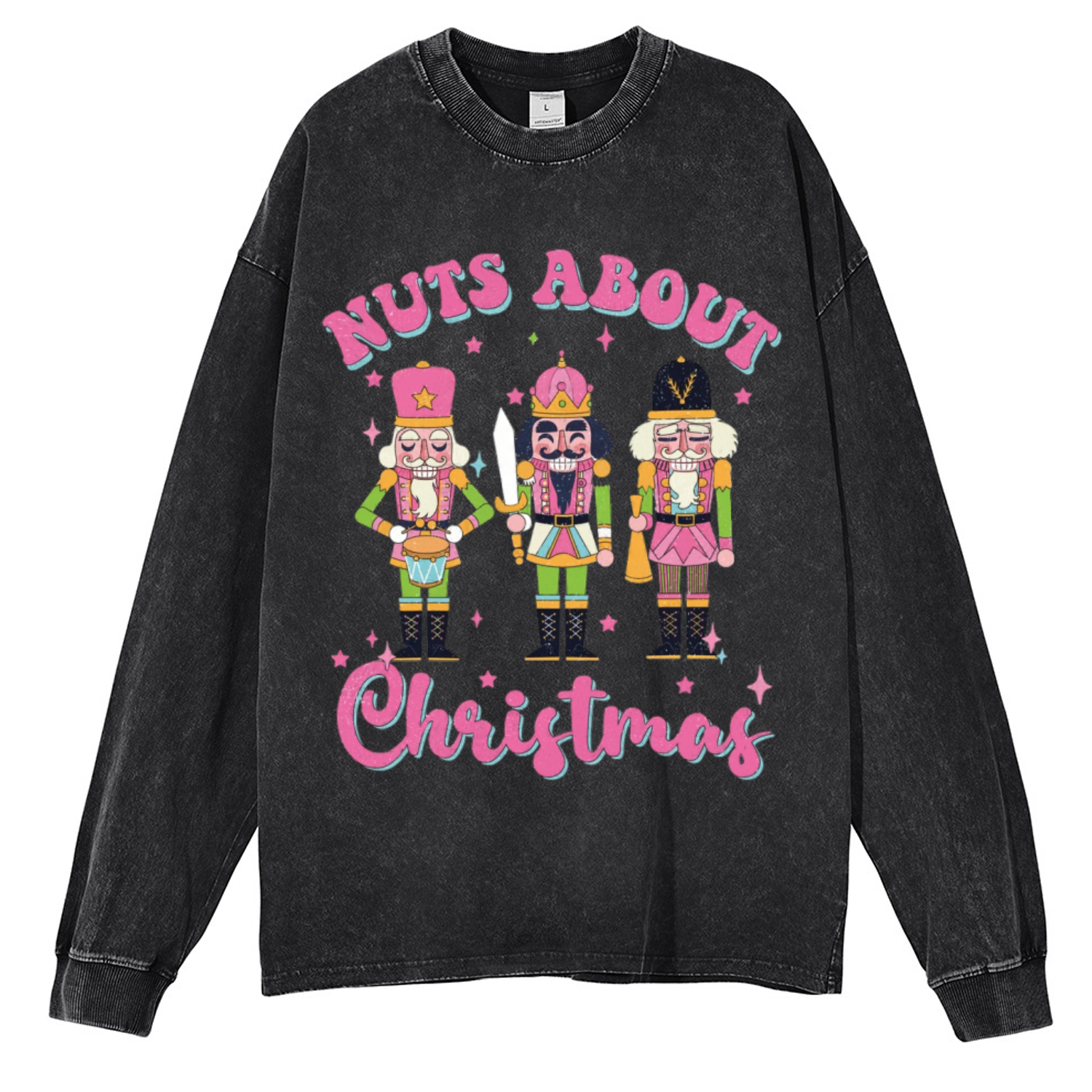 Muchic Nuts About Christmas Unisex Casual Washed Printed Round Neck Long Sleeve T-shirt