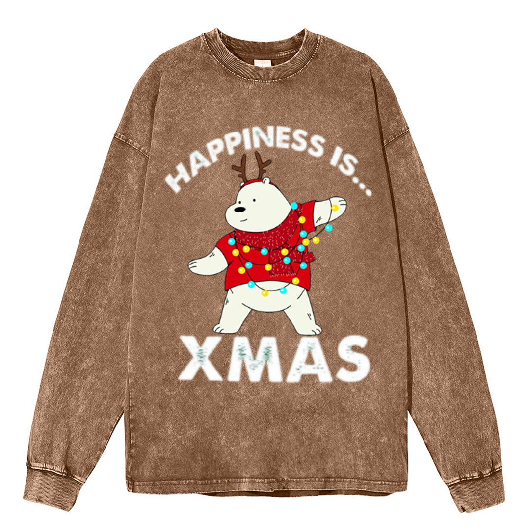 Muchic Happiness Is Xmas Unisex Casual Washed Printed Round Neck Long Sleeve T-shirt