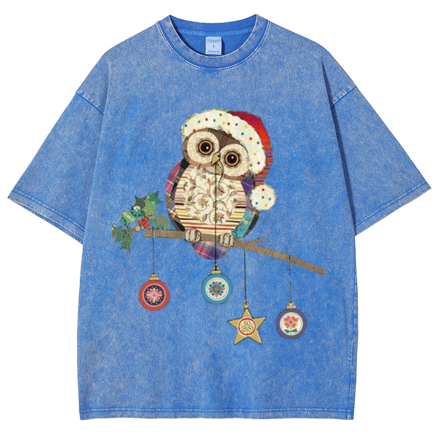 Muchic Owl Christmas Unisex Oversized Print Vintage Wash Denim T-Shirt