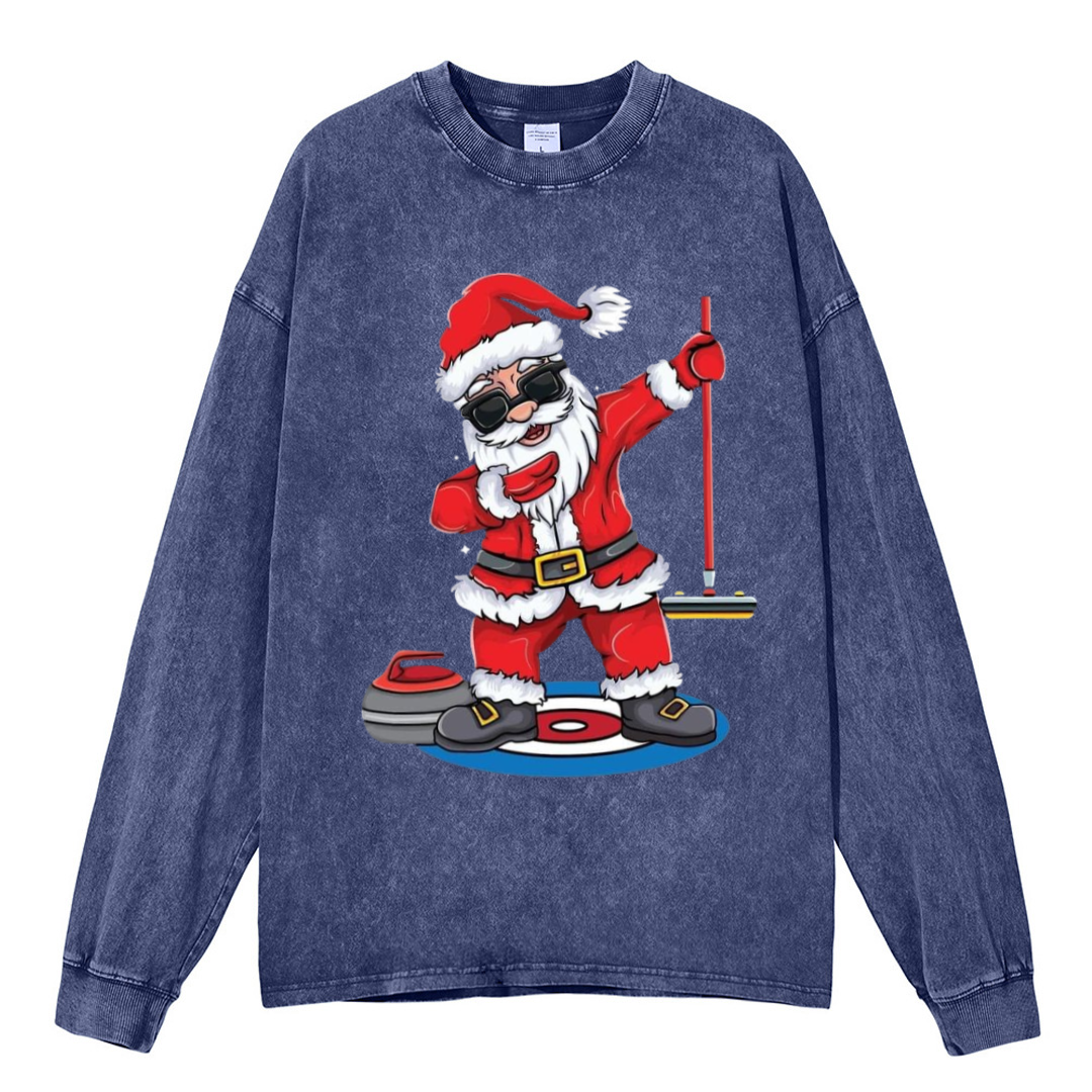 Muchic Santa Claus Unisex Casual Washed Printed Round Neck Long Sleeve T-shirt