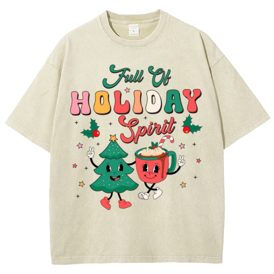 Muchic Full Of Holiday Spirit Unisex Oversized Print Vintage Wash Denim T-Shirt