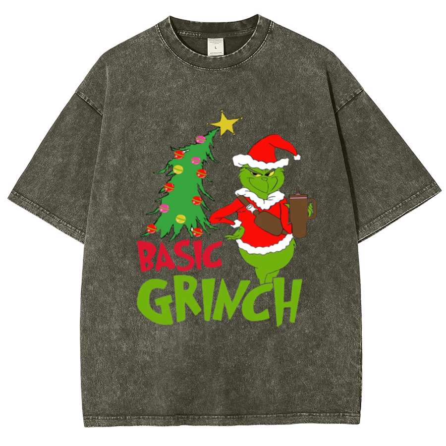 Muchic Basic Grinch Unisex Oversized Print Vintage Wash Denim T-Shirt