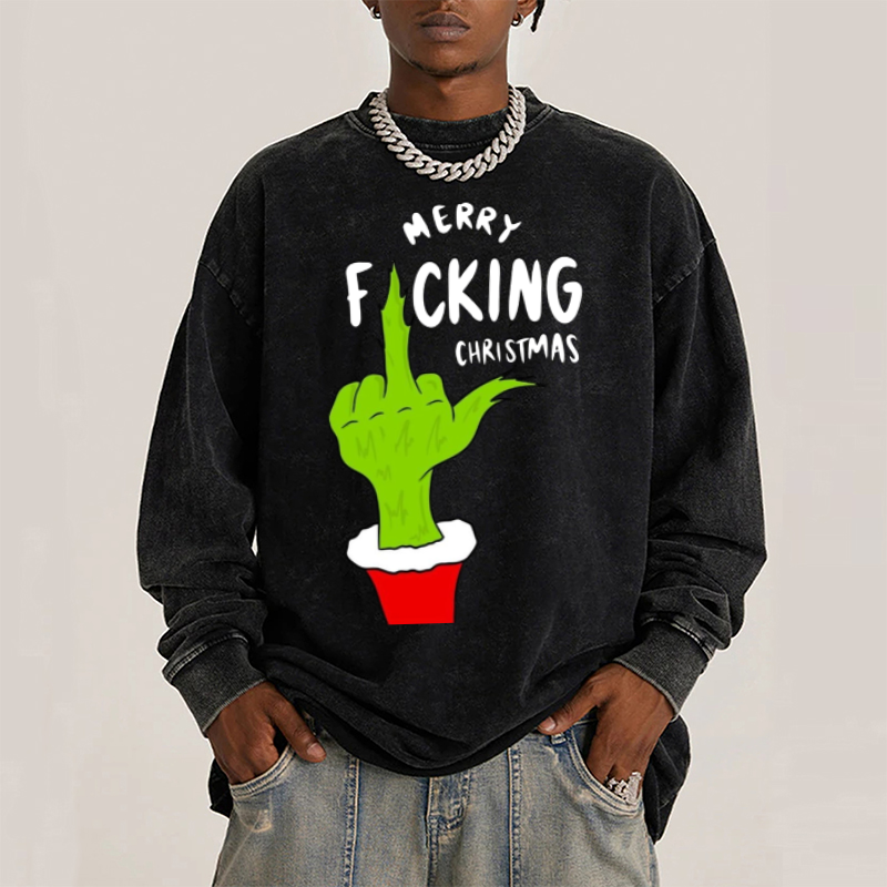 Muchic Merry Fucking Christmas Unisex Casual Washed Printed Round Neck Long Sleeve T-shirt