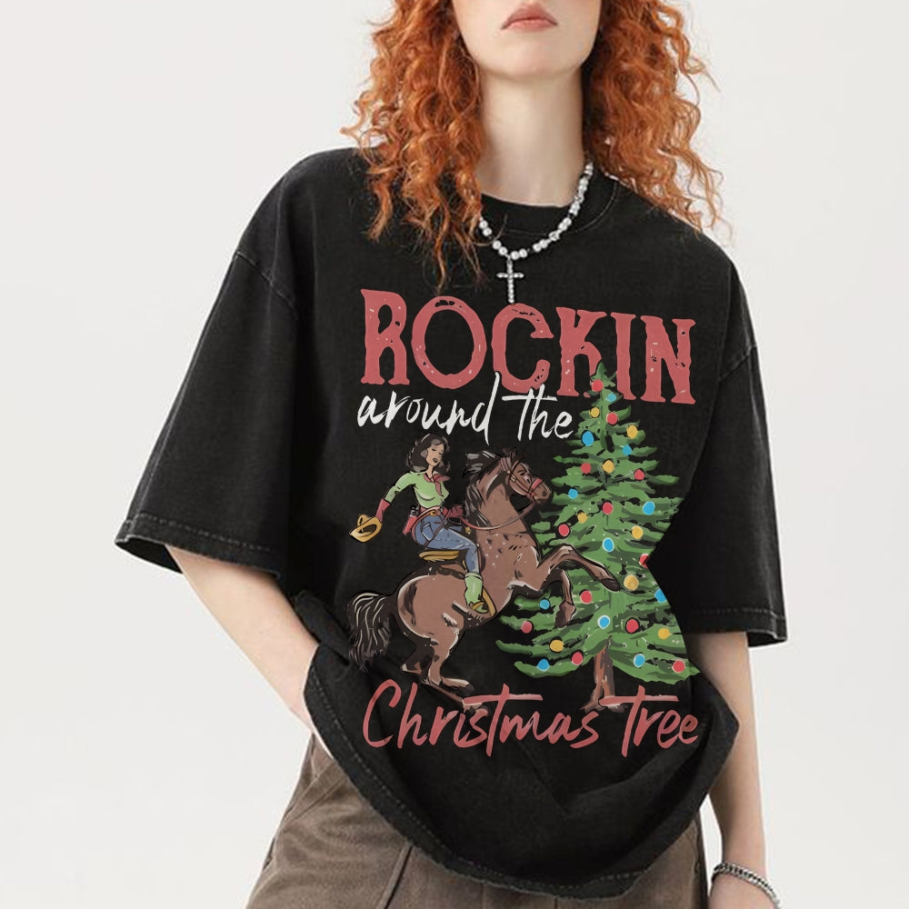 Muchic Rockin Around The Christmas Tree Unisex Vintage Washed Tee