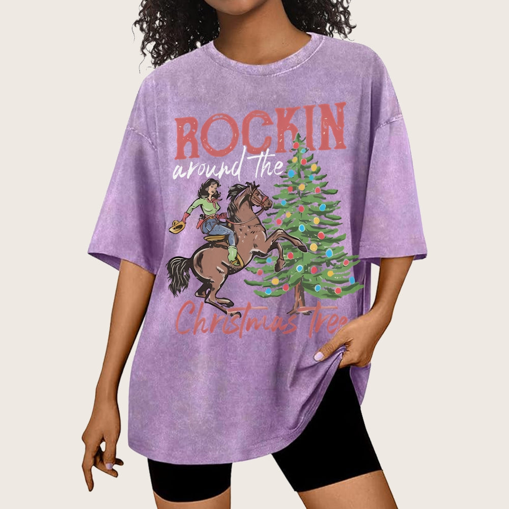 Muchic Rockin Around The Christmas Tree Unisex Vintage Washed Tee