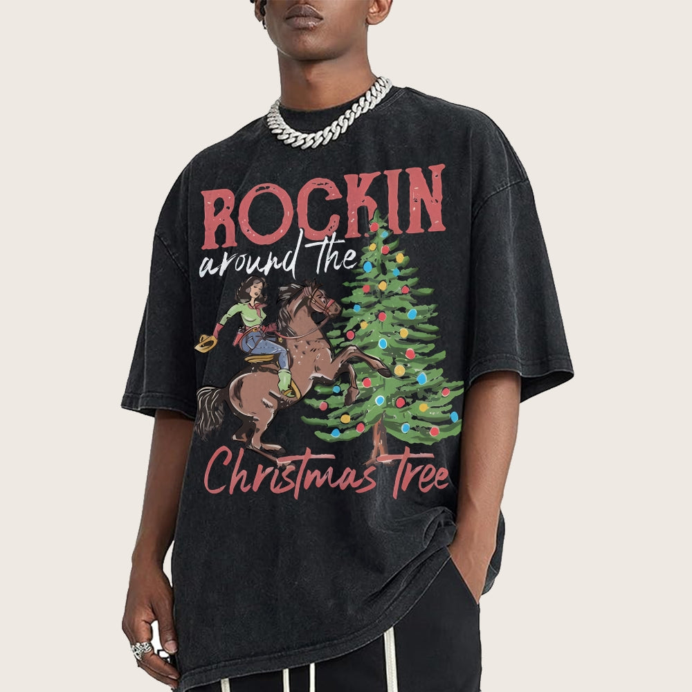 Muchic Rockin Around The Christmas Tree Unisex Vintage Washed Tee