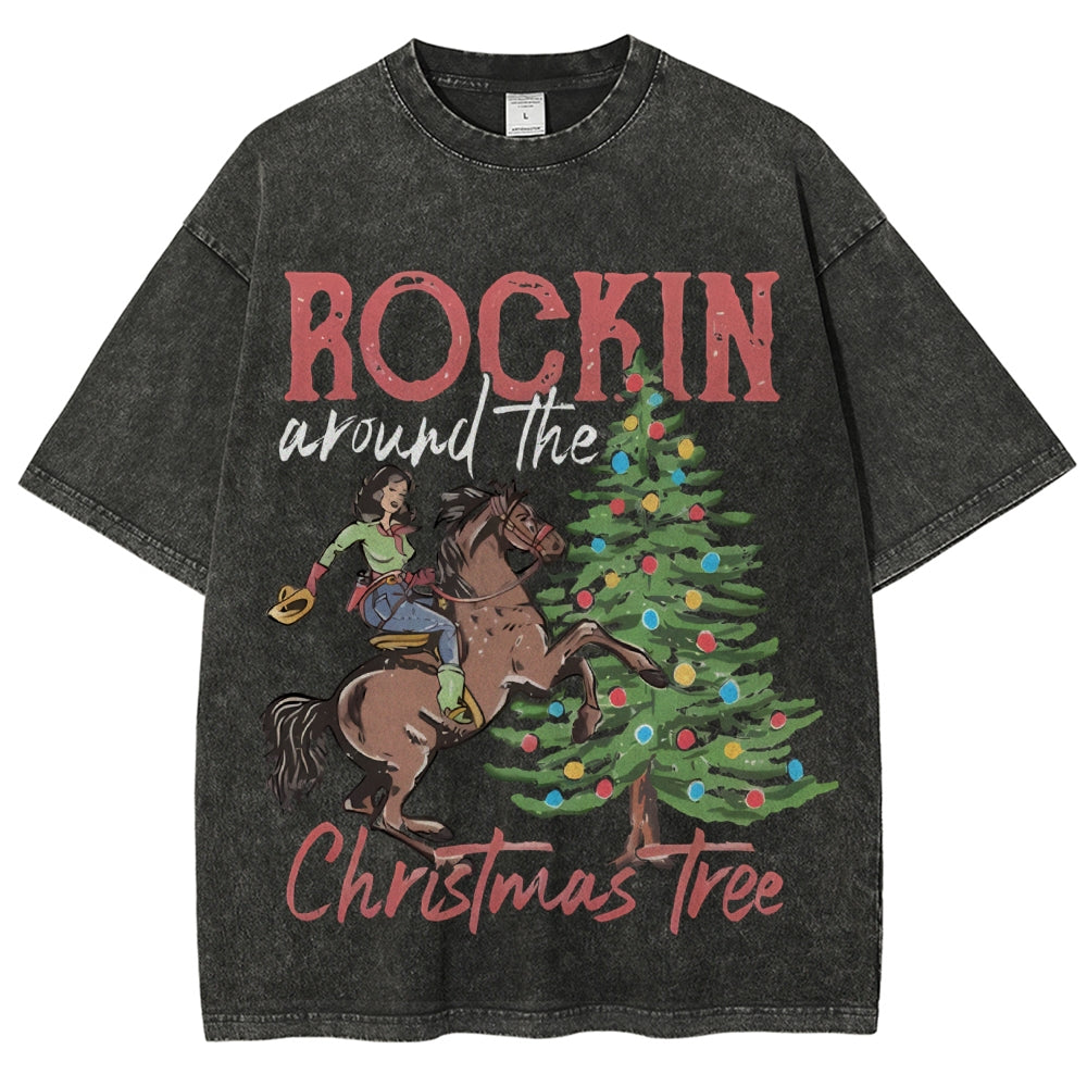 Muchic Rockin Around The Christmas Tree Unisex Vintage Washed Tee