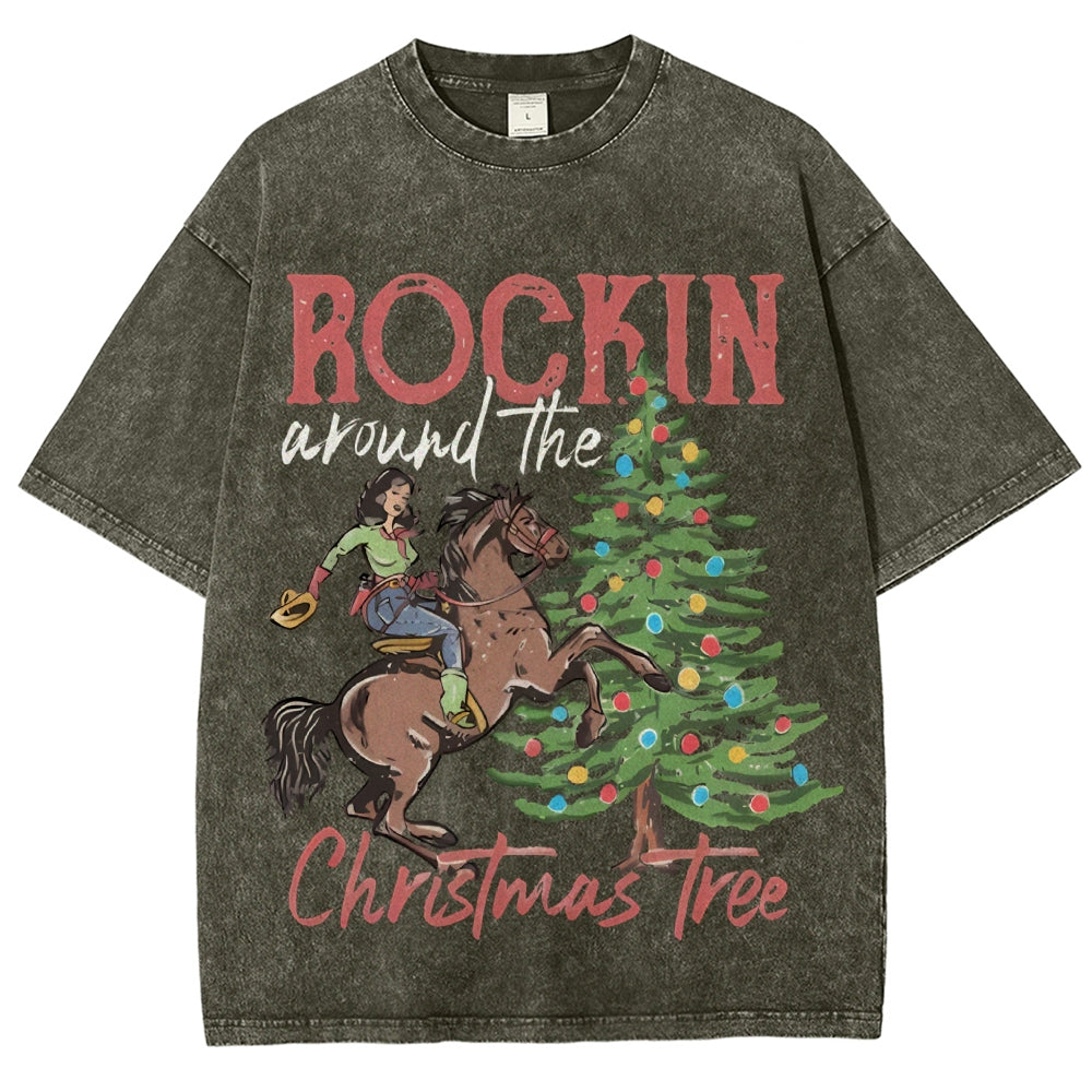 Muchic Rockin Around The Christmas Tree Unisex Vintage Washed Tee