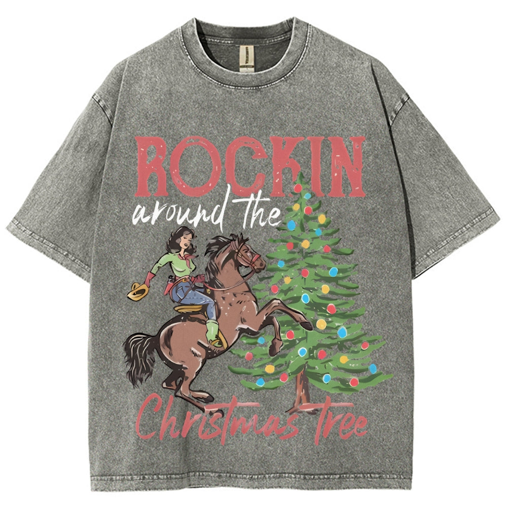 Muchic Rockin Around The Christmas Tree Unisex Vintage Washed Tee