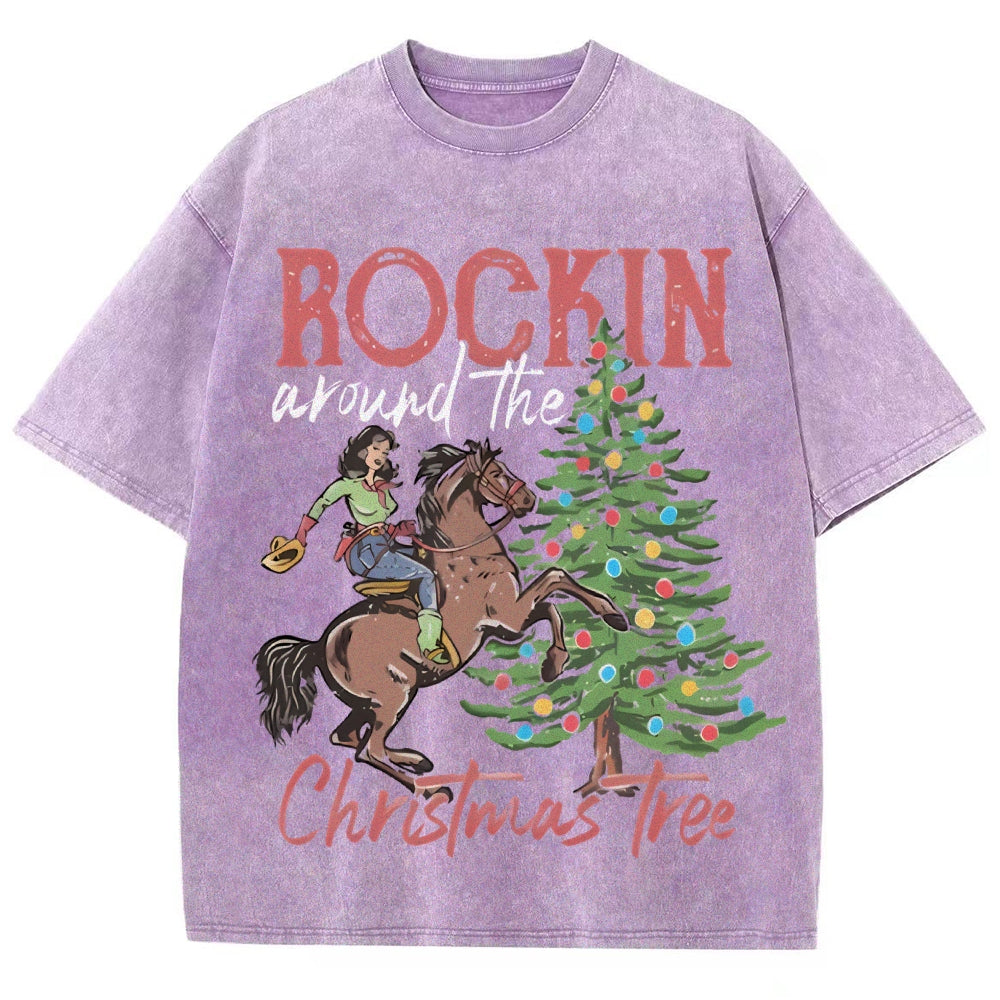 Muchic Rockin Around The Christmas Tree Unisex Vintage Washed Tee