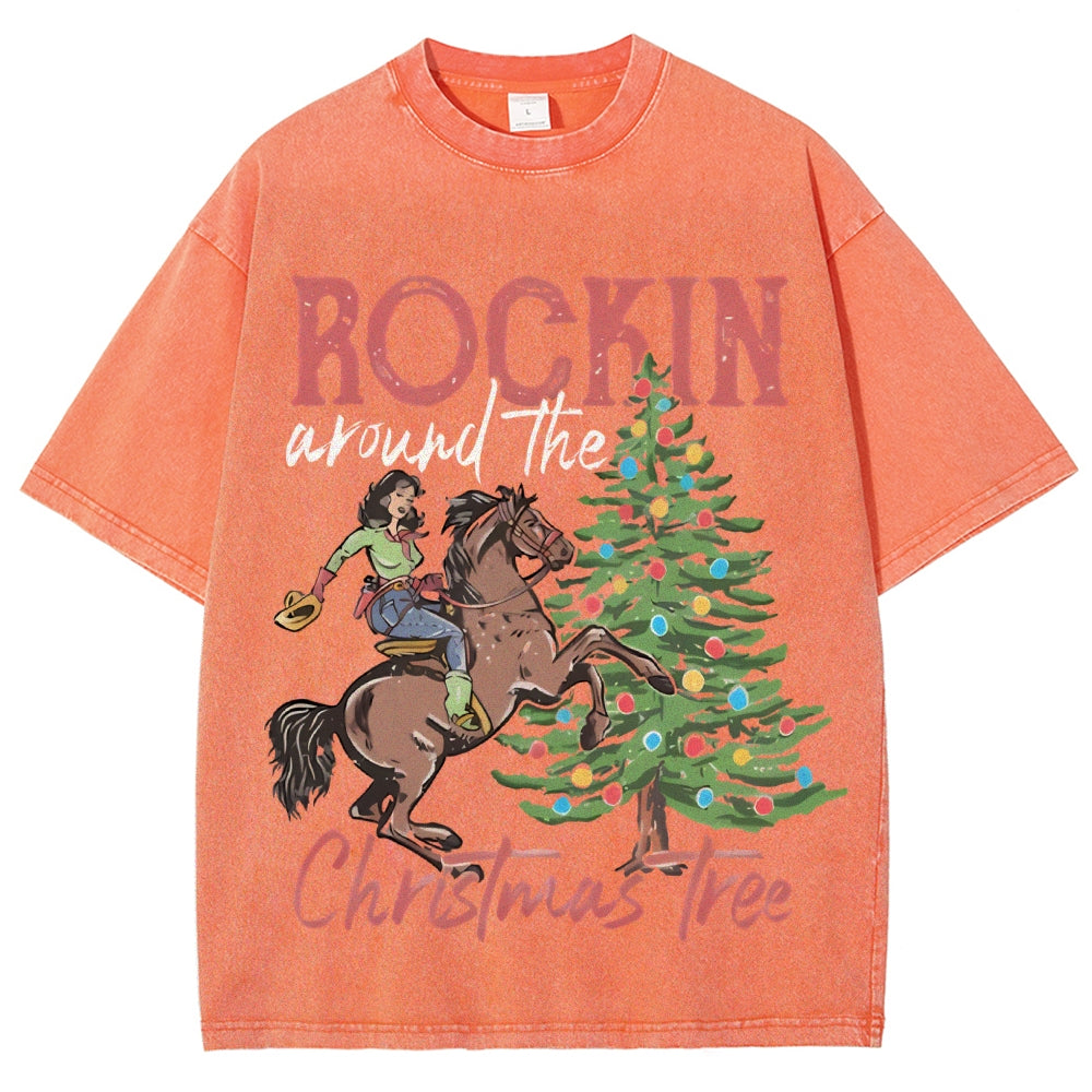 Muchic Rockin Around The Christmas Tree Unisex Vintage Washed Tee