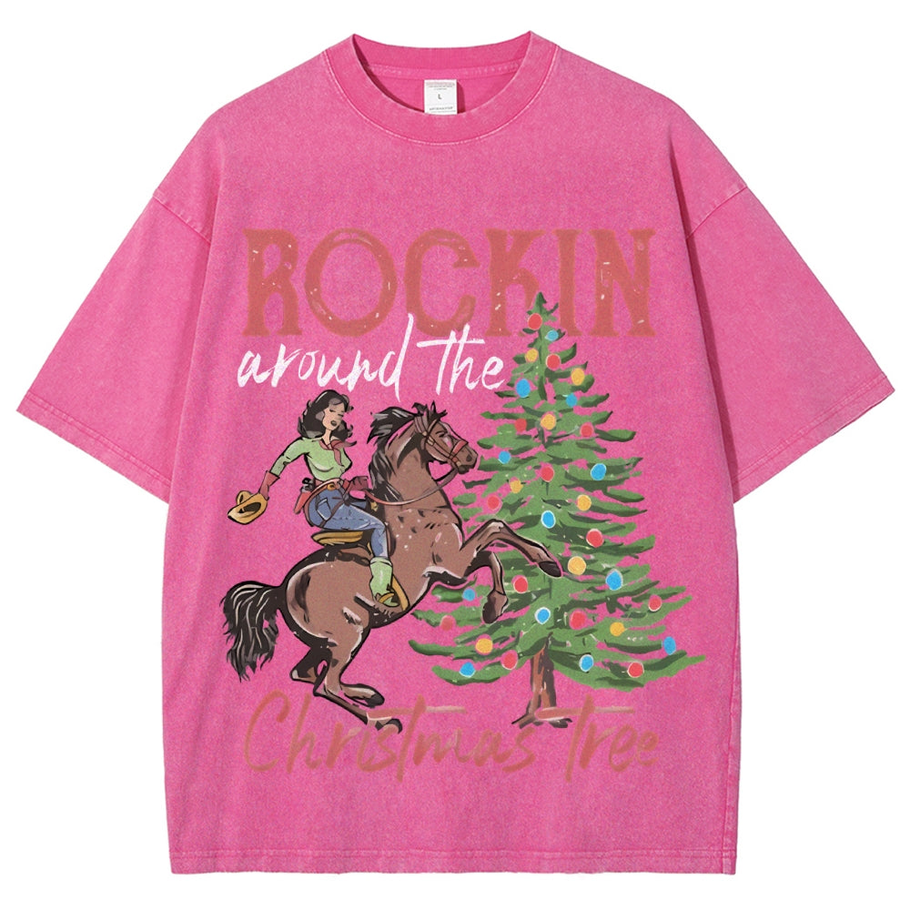 Muchic Rockin Around The Christmas Tree Unisex Vintage Washed Tee