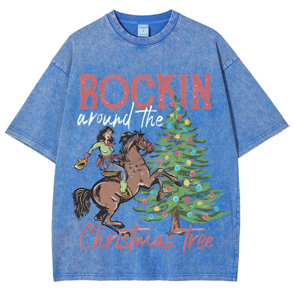 Muchic Rockin Around The Christmas Tree Unisex Vintage Washed Tee