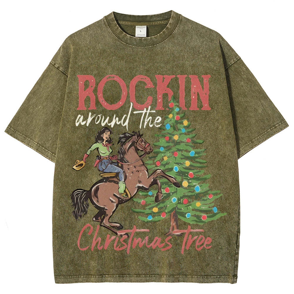 Muchic Rockin Around The Christmas Tree Unisex Vintage Washed Tee