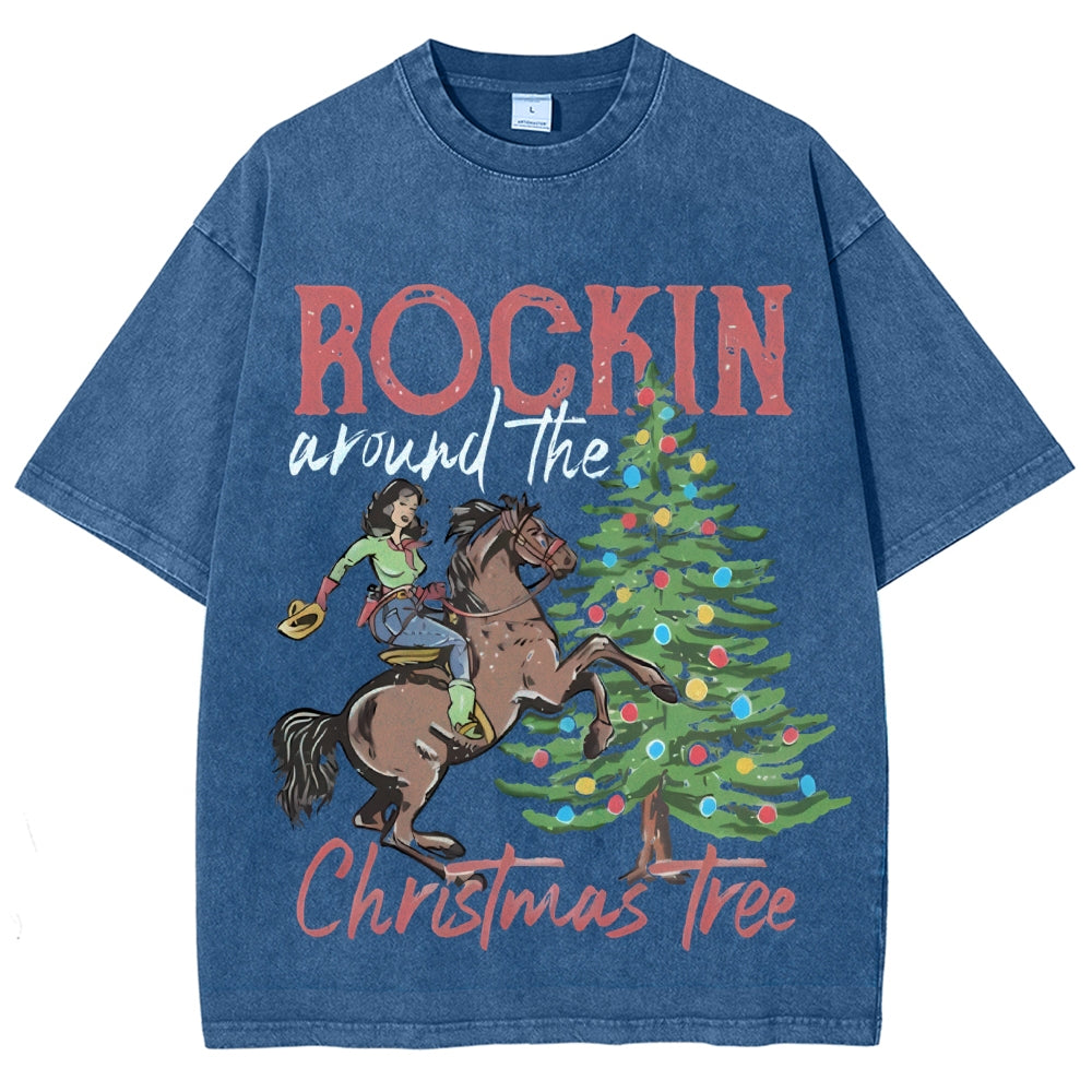 Muchic Rockin Around The Christmas Tree Unisex Vintage Washed Tee