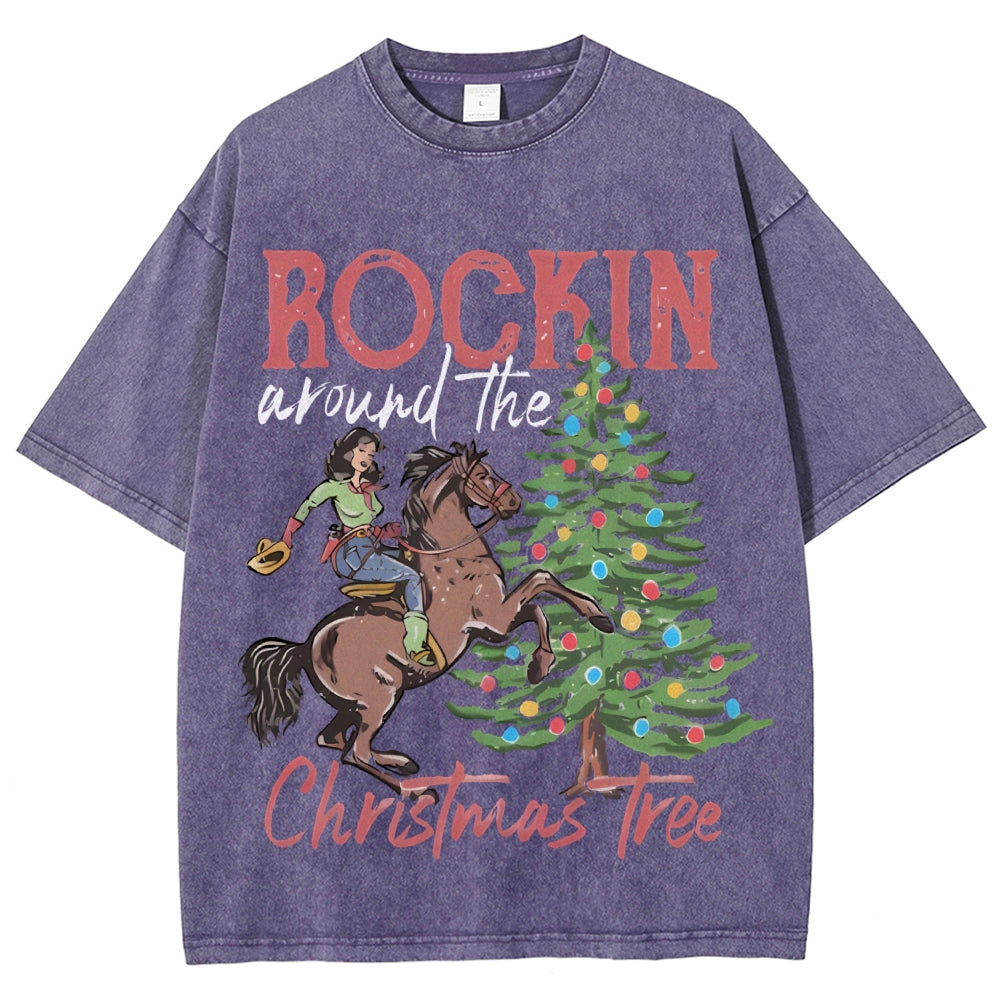 Muchic Rockin Around The Christmas Tree Unisex Vintage Washed Tee