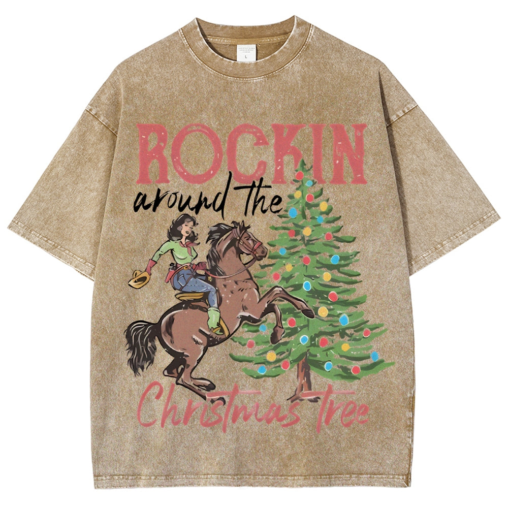 Muchic Rockin Around The Christmas Tree Unisex Vintage Washed Tee